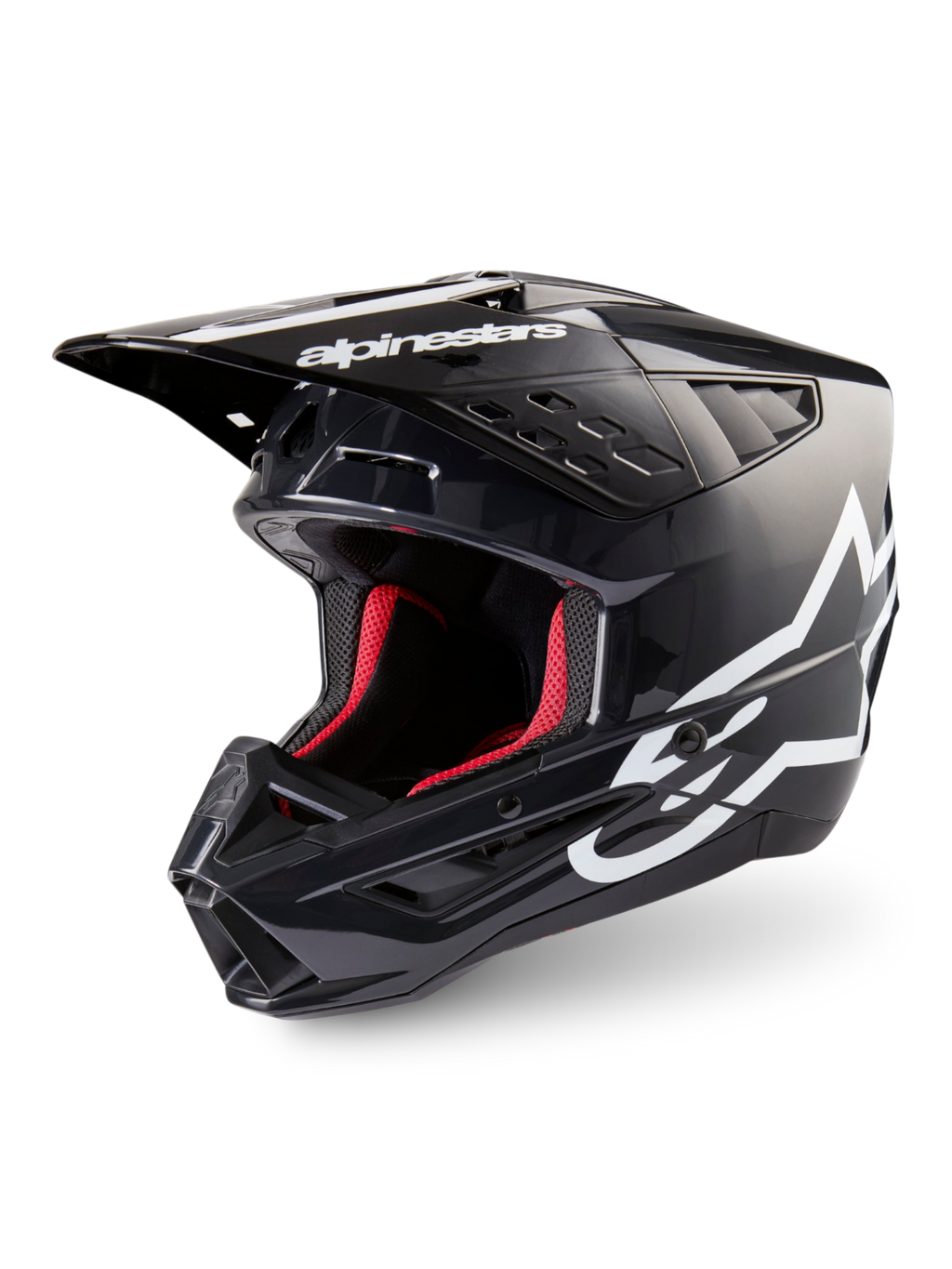 Alpinestars S-M5 Corp motocrosshjelm, mørkegrå blank og hvid, ECE 22.06-certificeret med rødt interiør.