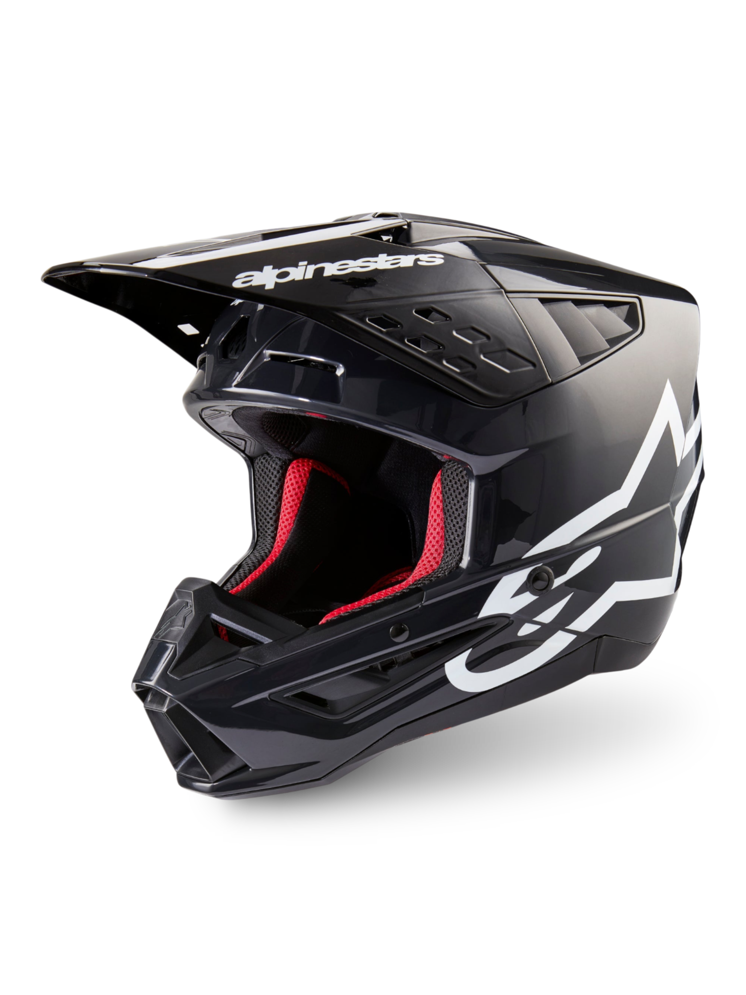 Alpinestars S-M5 Corp motocrosshjelm, mørkegrå blank og hvid, ECE 22.06-certificeret med rødt interiør.