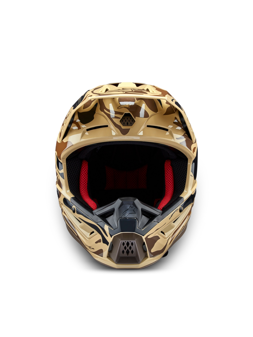 Alpinestars S-M5 Mineral motocrosshjelm, brun camo, ECE 22.06-certificeret, set forfra med rød indvendig polstring.
