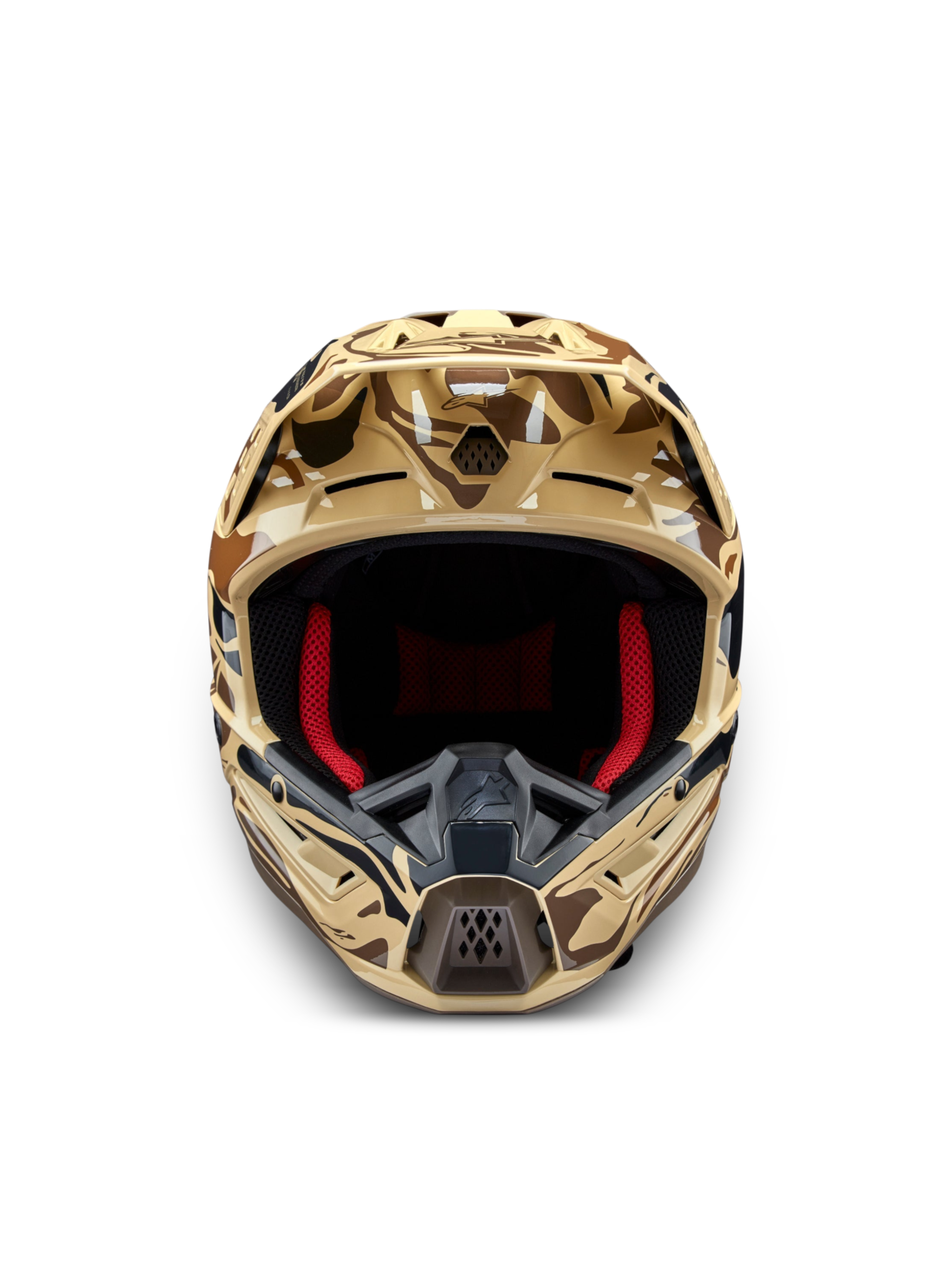 Alpinestars S-M5 Mineral motocrosshjelm, brun camo, ECE 22.06-certificeret, set forfra med rød indvendig polstring.