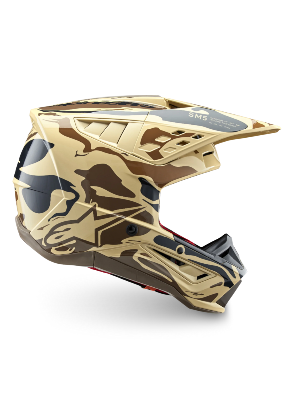 Alpinestars S-M5 Mineral motocrosshjelm, brun og tan camouflage, ECE 22.06 certificeret off-road hovedbeskyttelse.