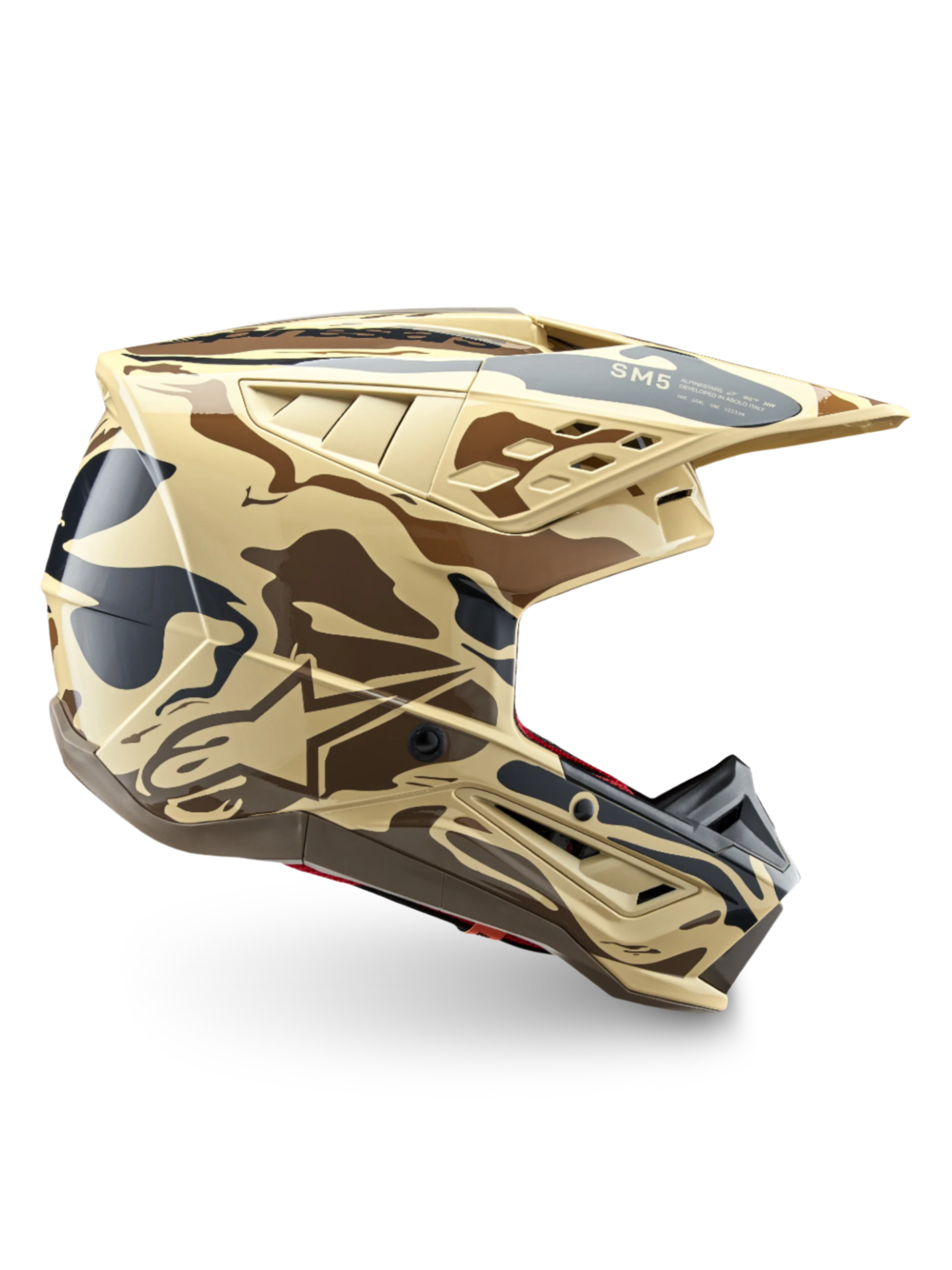Alpinestars S-M5 Mineral motocrosshjelm, brun og tan camouflage, ECE 22.06 certificeret off-road hovedbeskyttelse.