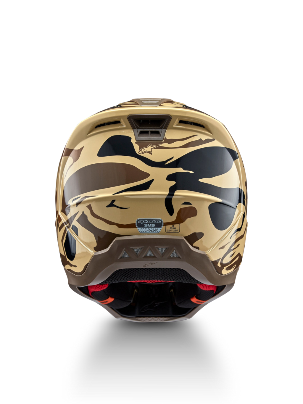 Alpinestars S-M5 Mineral motocrosshjelm, set bagfra i mat brun og sort camouflage, ECE 22.06-certificeret.