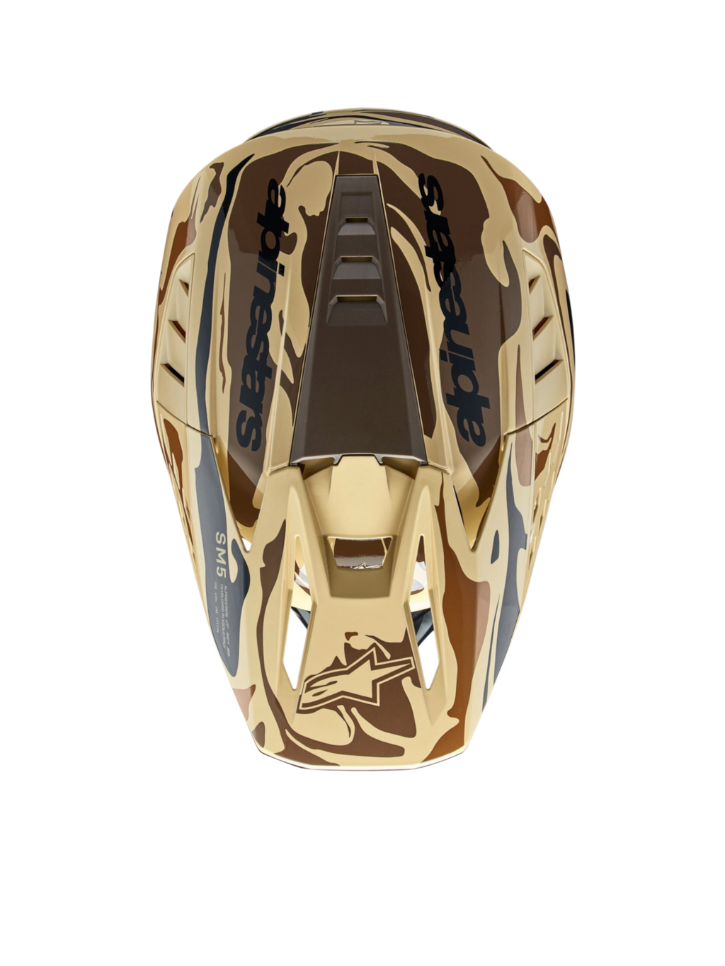 Alpinestars S-M5 Mineral motocrosshjelm, mørkebrun kænguru mat camouflage set fra oven, letvægts ECE 22.06.