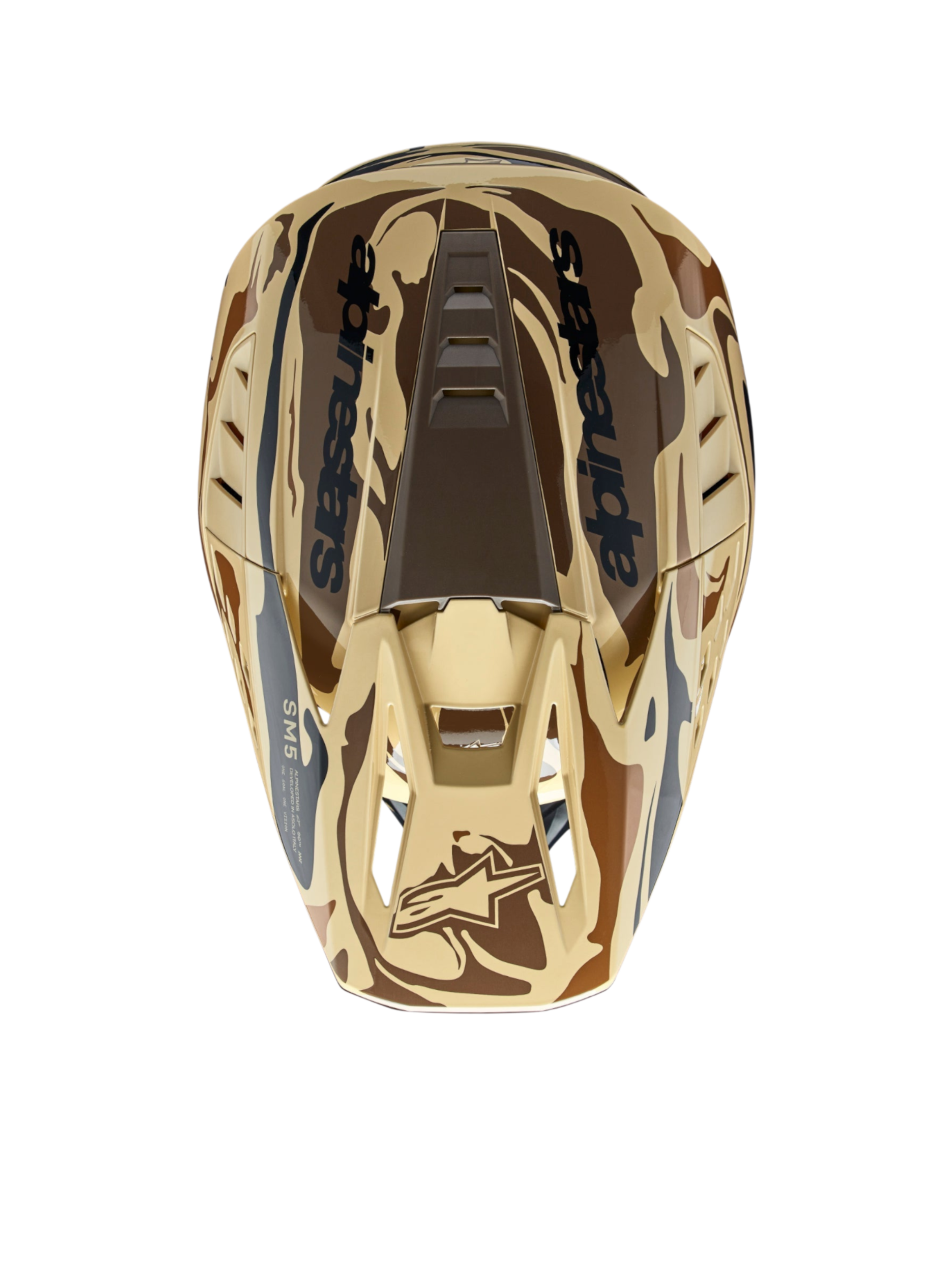 Alpinestars S-M5 Mineral motocrosshjelm, mørkebrun kænguru mat camouflage set fra oven, letvægts ECE 22.06.