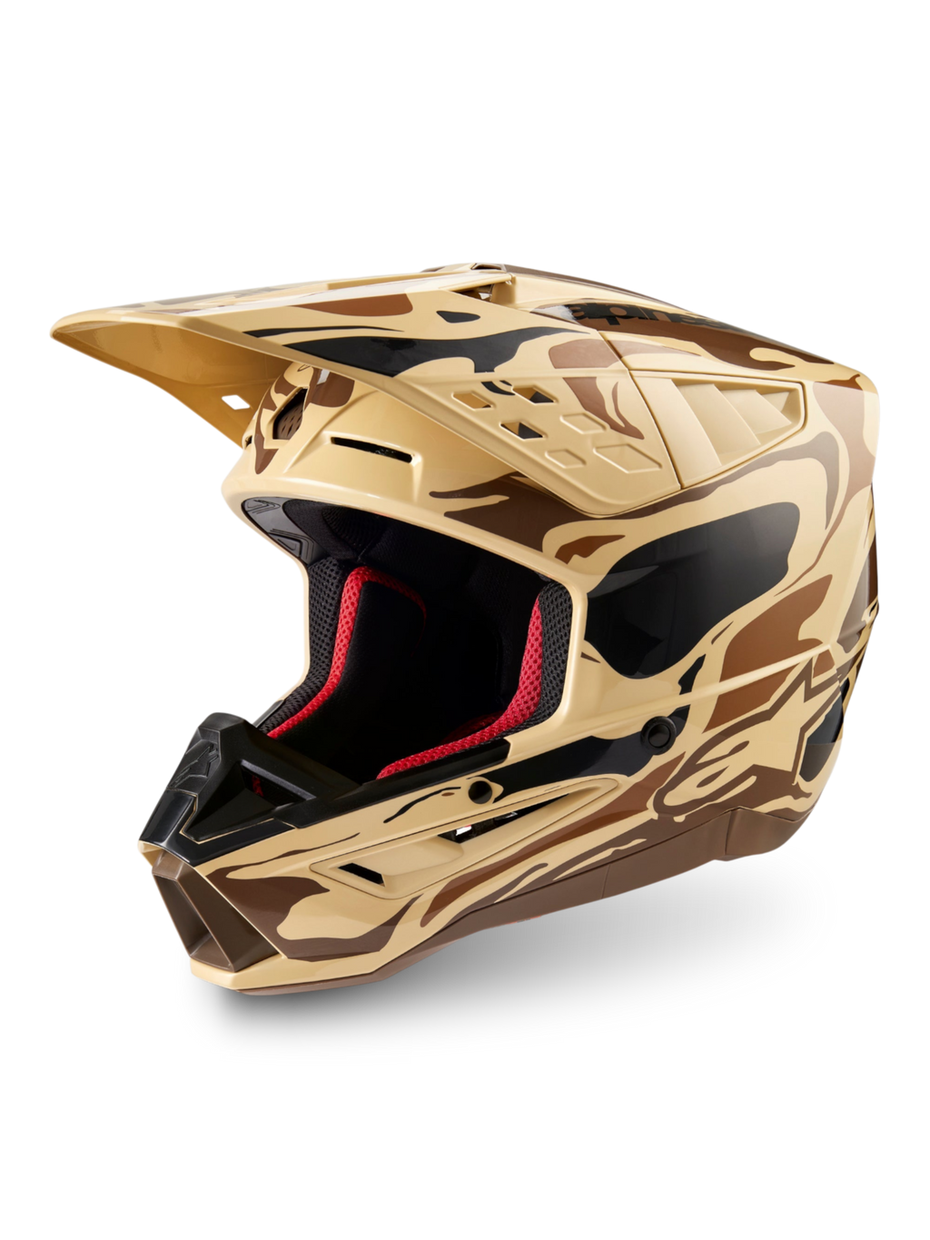Alpinestars S-M5 Mineral motocrosshjelm i mørkebrun kænguru mat camo, ECE 22.06-certificeret off-road beskyttelse.