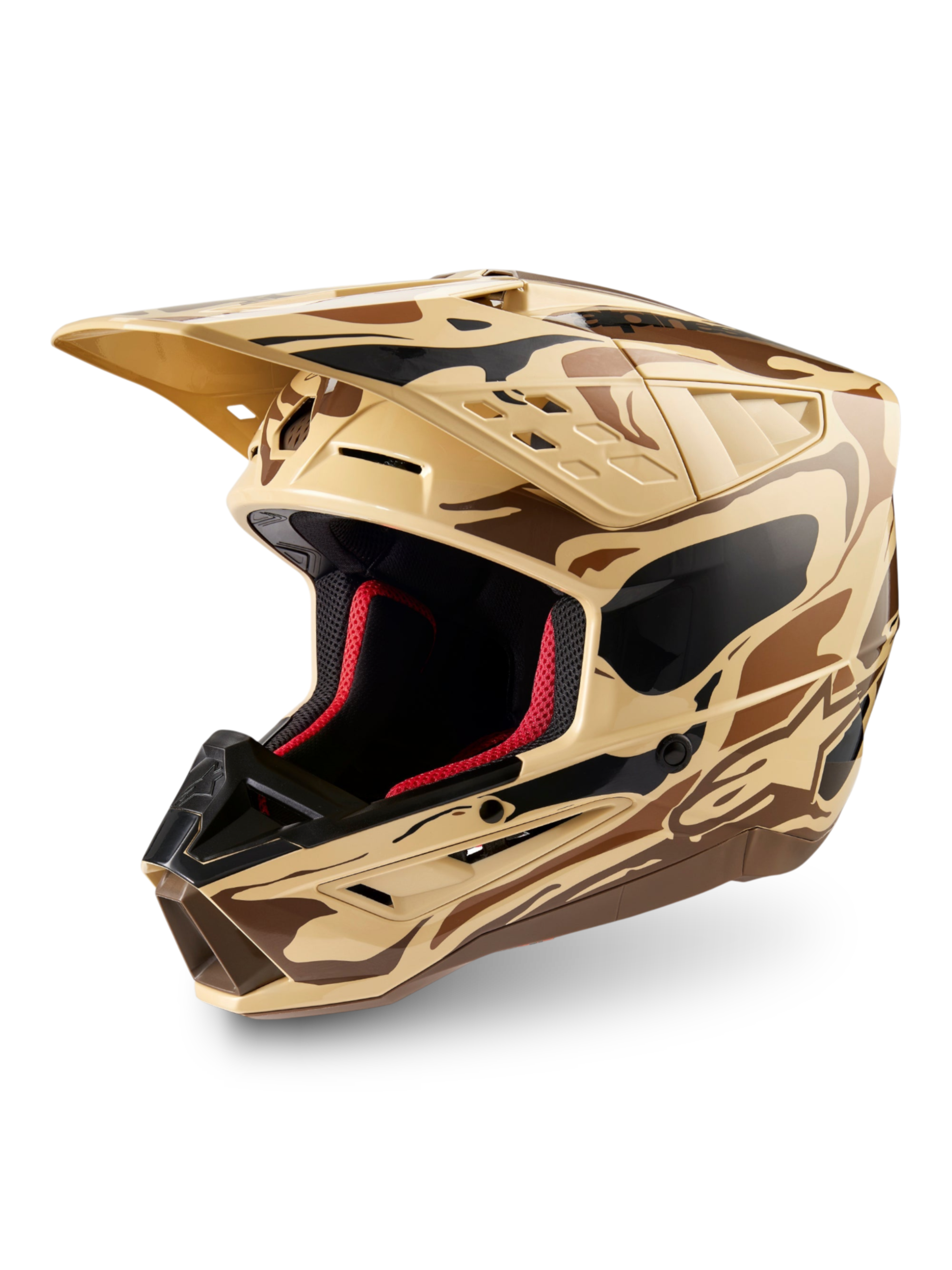 Alpinestars S-M5 Mineral motocrosshjelm i mørkebrun kænguru mat camo, ECE 22.06-certificeret off-road beskyttelse.