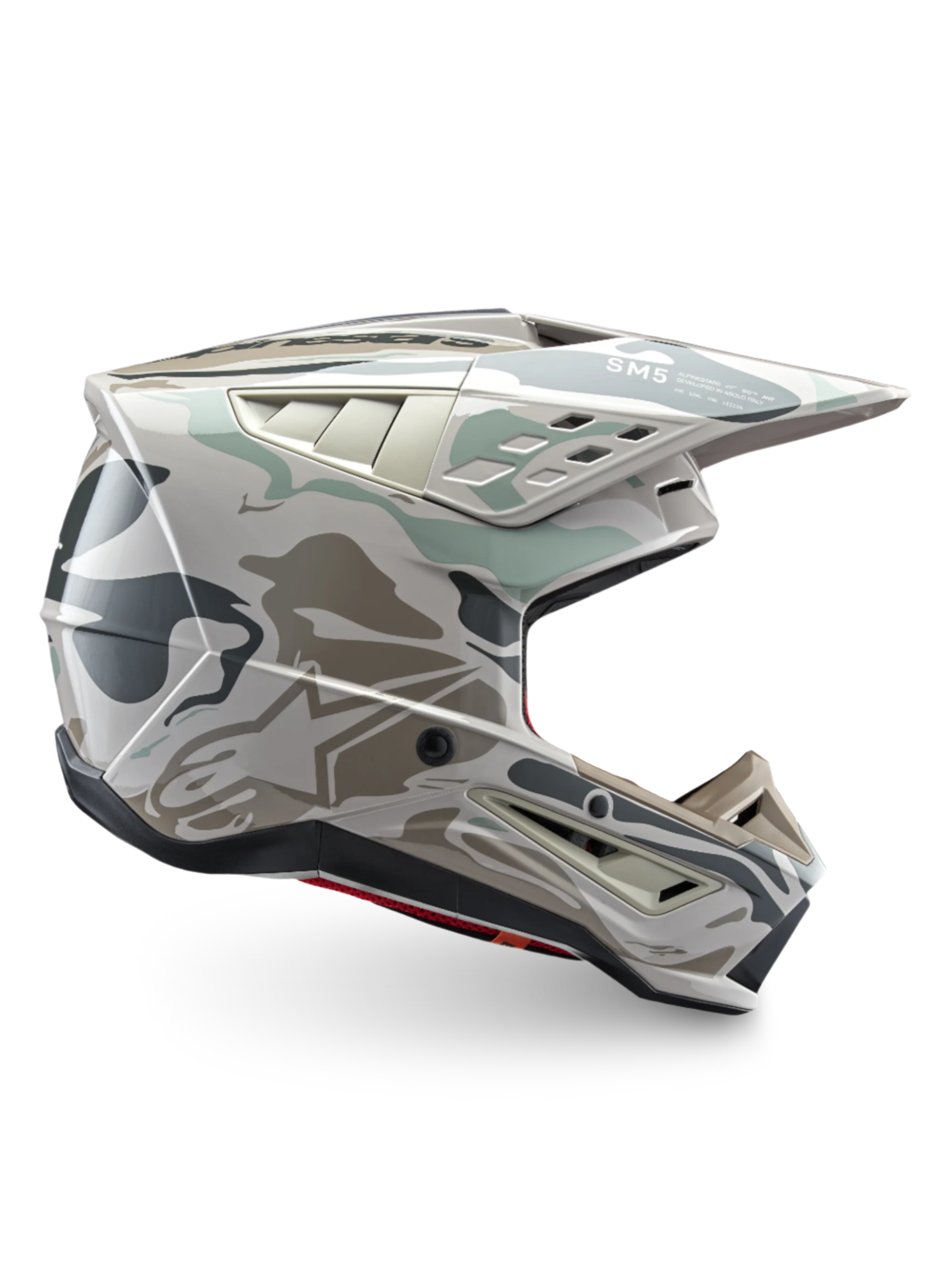 Alpinestars S-M5 Mineral motocrosshjelm, varm grå og celadon grøn, ECE 22.06-certificeret off-road beskyttelse.