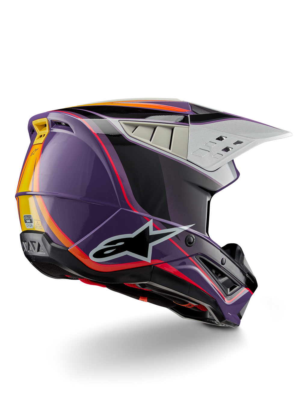 Alpinestars S-M5 Sail-hjelm ECE, motocross-hjelm, violet, sort og sølv i blank finish, med orange og gule stribedetaljer, stort sort stjernelogo, aerodynamisk profil med ventilationsåbninger bagpå, blank finish til off-road racing