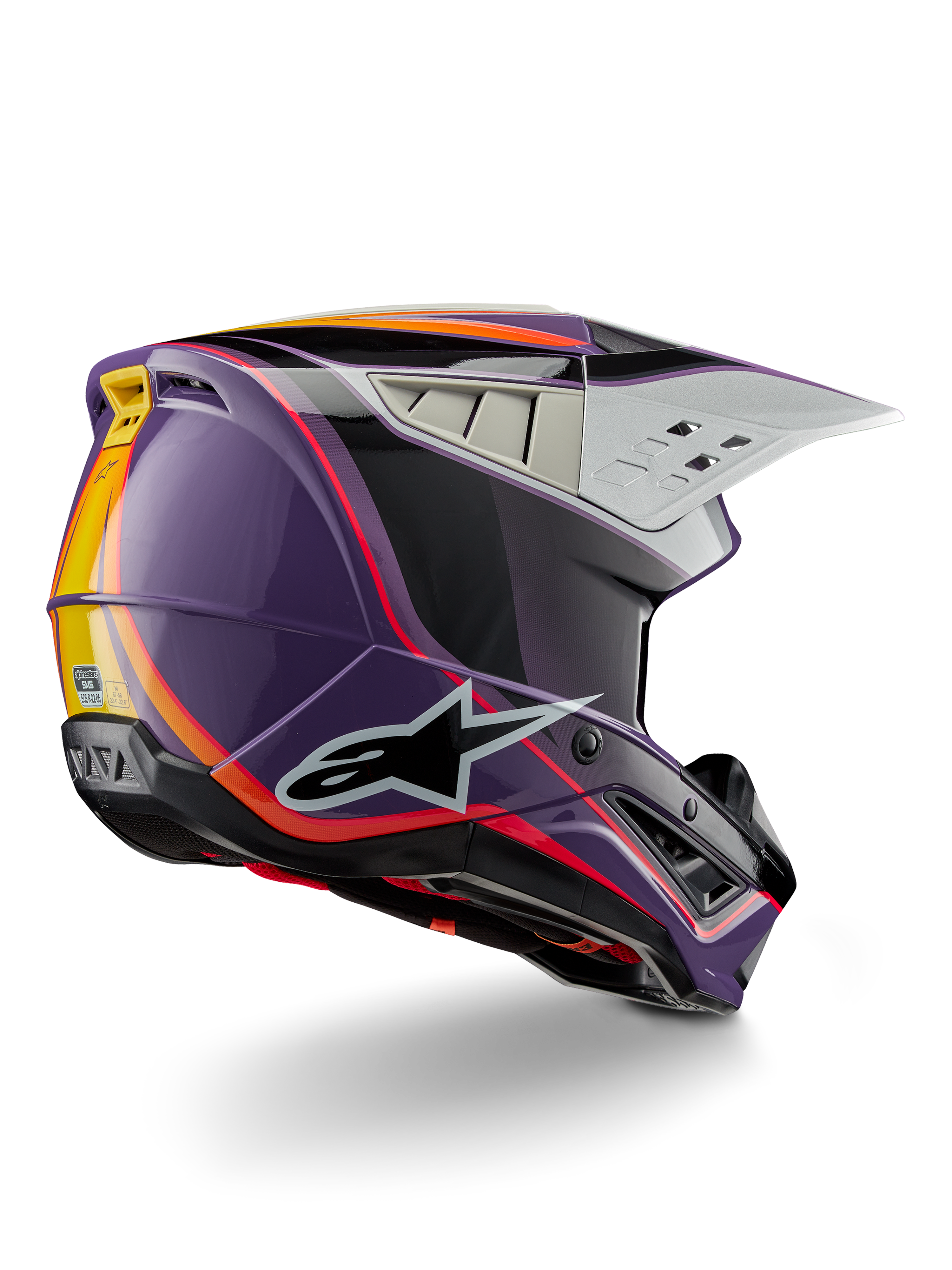 Alpinestars S-M5 Sail-hjelm ECE, motocross-hjelm, violet, sort og sølv i blank finish, med orange og gule stribedetaljer, stort sort stjernelogo, aerodynamisk profil med ventilationsåbninger bagpå, blank finish til off-road racing