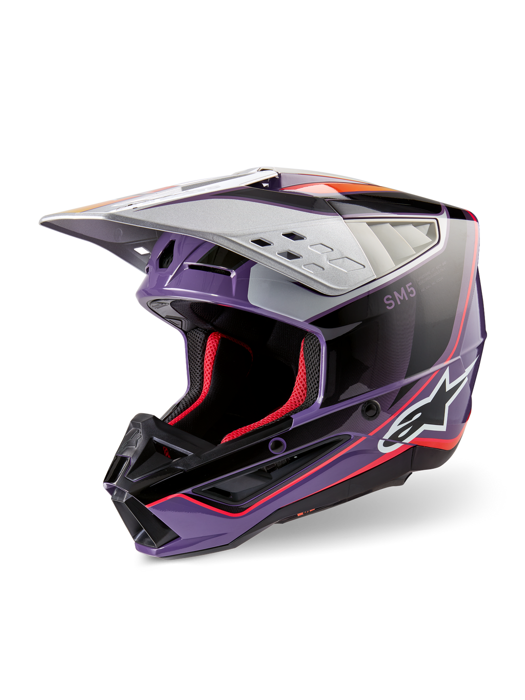 Alpinestars S-M5 Sail ECE-hjelm, motocross-hjelm, violet, sort og sølvblank, med rød indvendig polstring og detaljer, blank finish med markant Alpinestars-logo, aerodynamisk sølvvisir, professionelt beskyttelsesudstyr til off-road