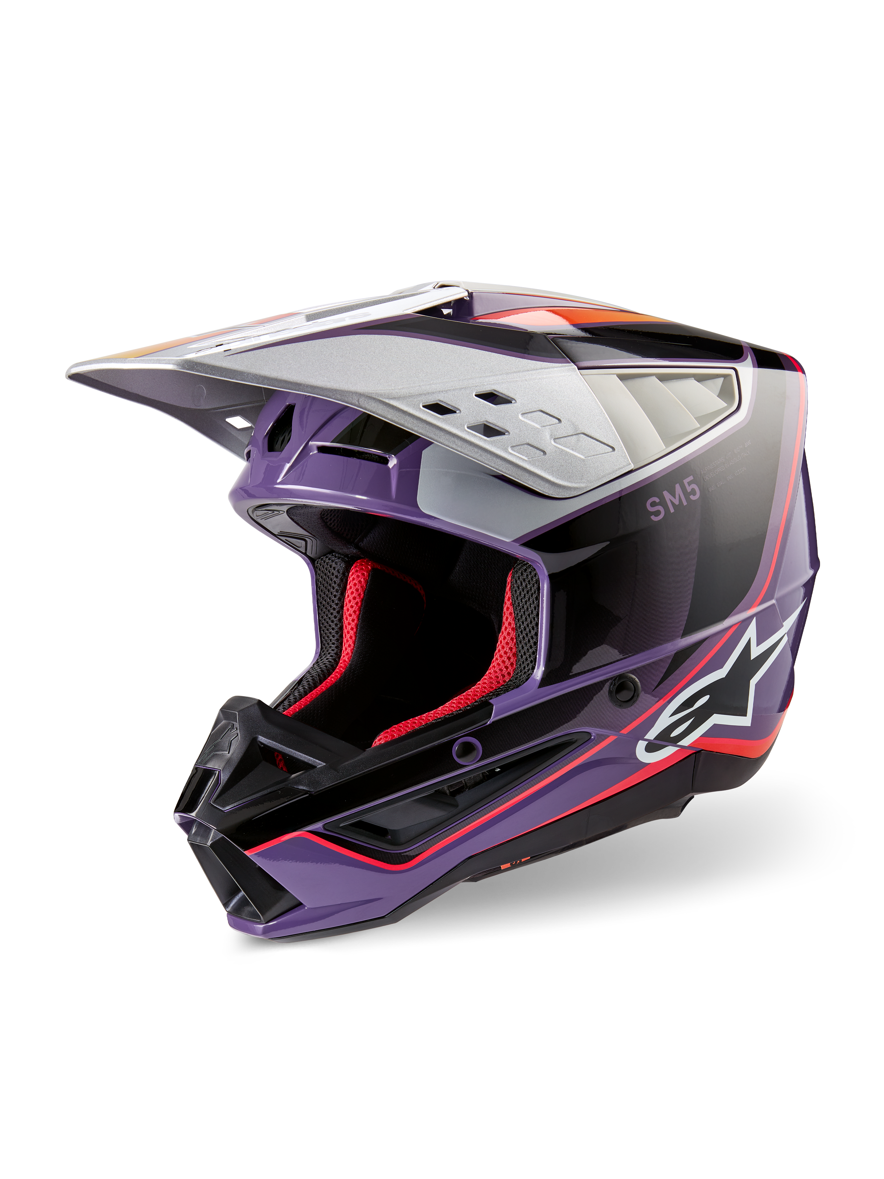 Alpinestars S-M5 Sail ECE-hjelm, motocross-hjelm, violet, sort og sølvblank, med rød indvendig polstring og detaljer, blank finish med markant Alpinestars-logo, aerodynamisk sølvvisir, professionelt beskyttelsesudstyr til off-road