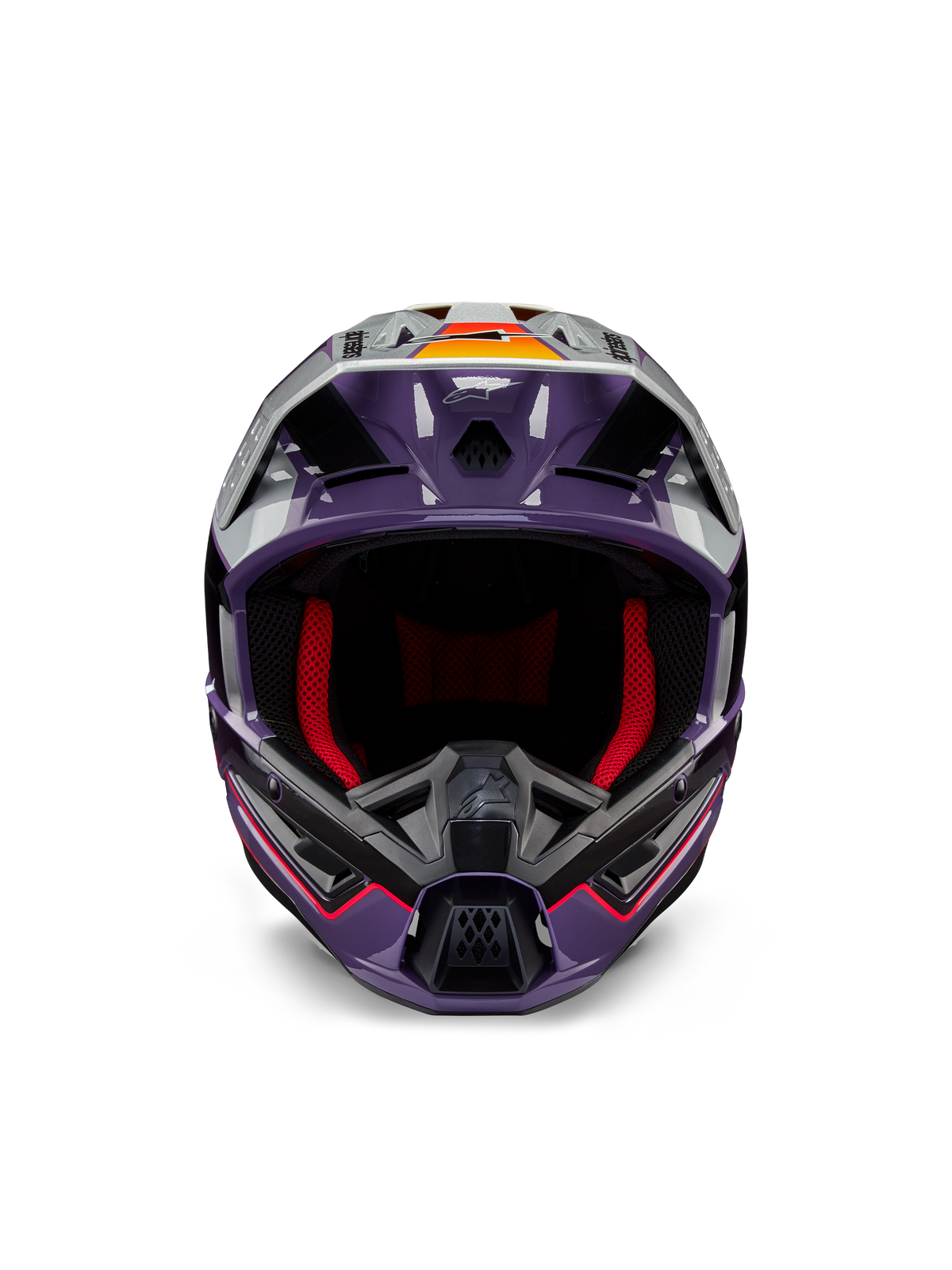 Alpinestars S-M5 Sail Helmet ECE, motocrosshjelm, blank violet, sort og sølv, set forfra med rød indvendig polstring, ventileret hageparti og visir med orange detaljer, strømlinet aerodynamisk skal til off-road beskyttelse