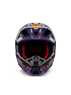 Alpinestars S-M5 Sail Helmet ECE, motocrosshjelm, blank violet, sort og sølv, set forfra med rød indvendig polstring, ventileret hageparti og visir med orange detaljer, strømlinet aerodynamisk skal til off-road beskyttelse
