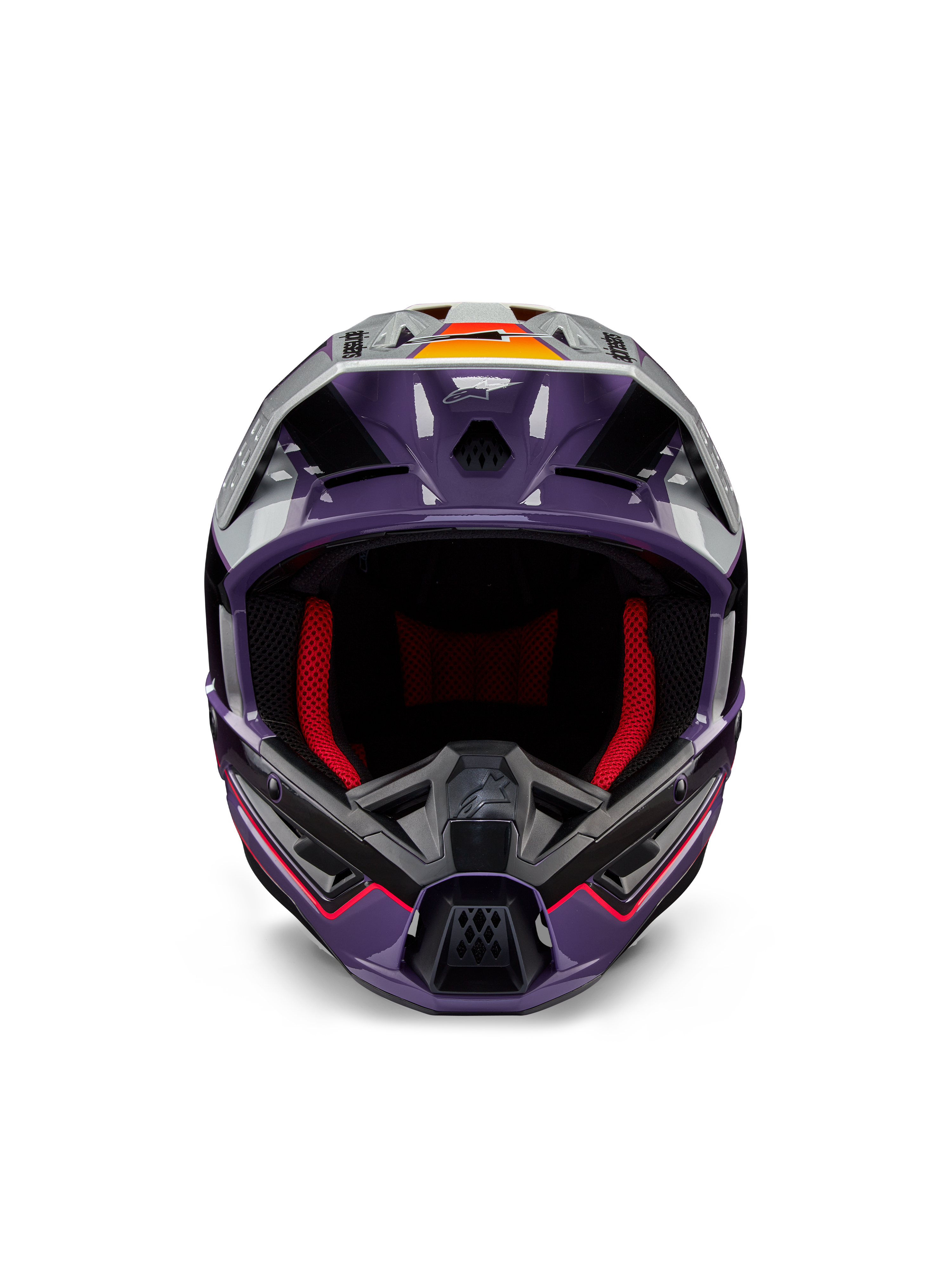 Alpinestars S-M5 Sail Helmet ECE, motocrosshjelm, blank violet, sort og sølv, set forfra med rød indvendig polstring, ventileret hageparti og visir med orange detaljer, strømlinet aerodynamisk skal til off-road beskyttelse
