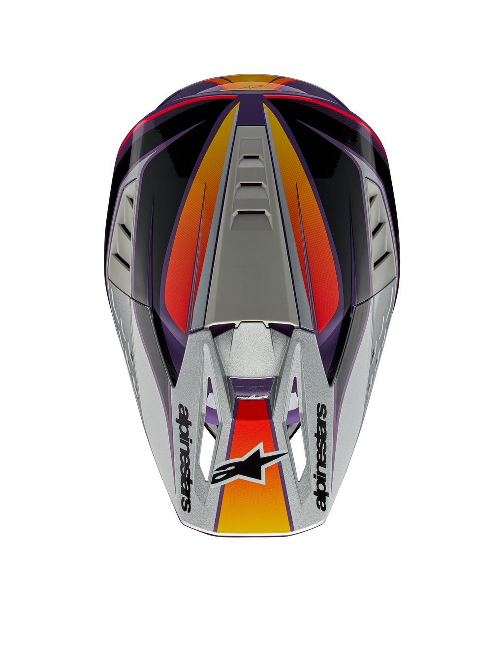 Alpinestars S-M5 Sail Hjelm ECE, motocross-hjelm, violet, sort og sølv glossy, set oppefra med sølvfarvet skygge og Alpinestars-logo, orange og røde gradient-detaljer, strømlinet skal med ventilationsåbninger, højtydende off-road hovedbeskyttelse