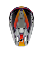 Alpinestars S-M5 Sail Hjelm ECE, motocross-hjelm, violet, sort og sølv glossy, set oppefra med sølvfarvet skygge og Alpinestars-logo, orange og røde gradient-detaljer, strømlinet skal med ventilationsåbninger, højtydende off-road hovedbeskyttelse