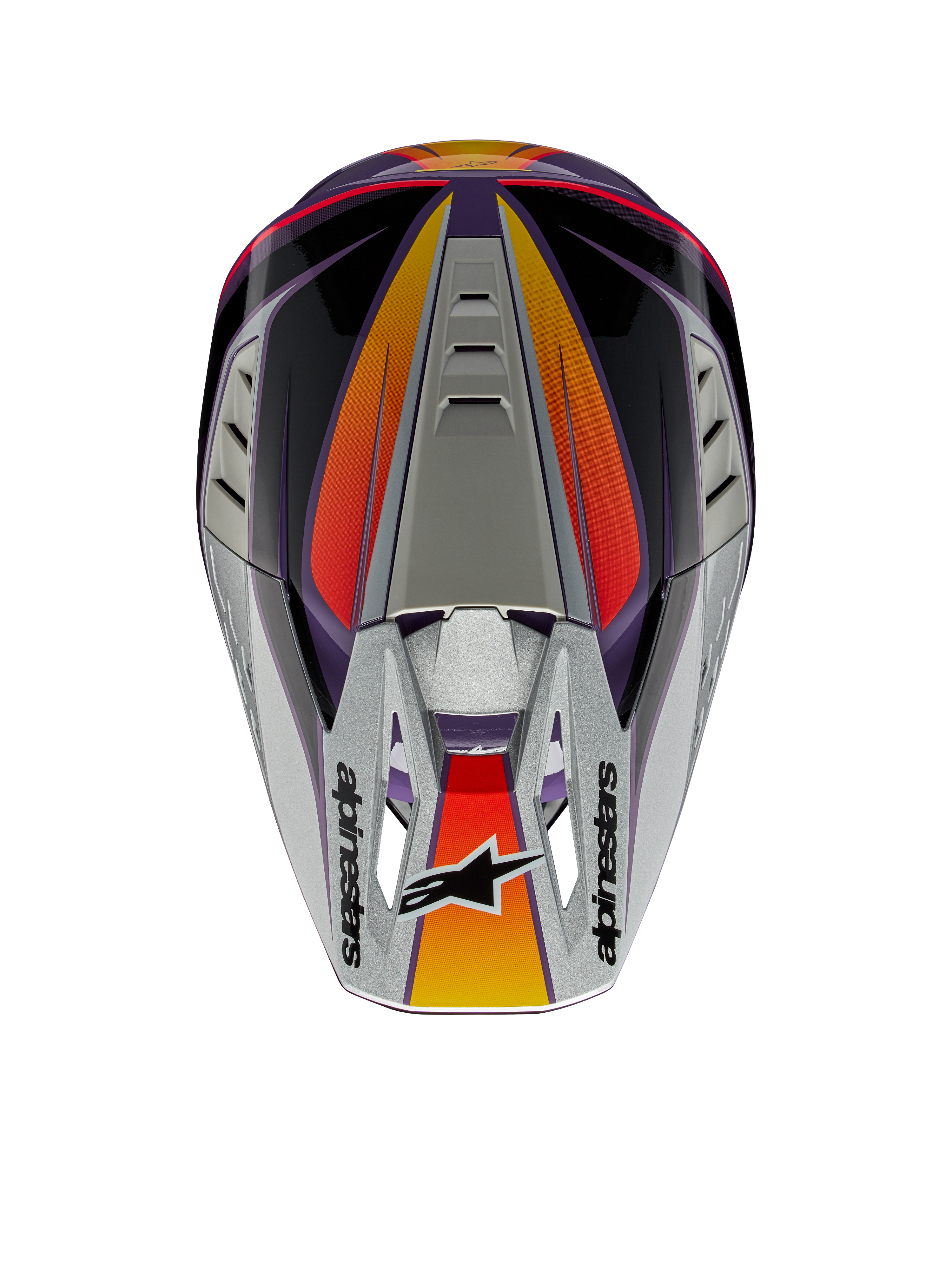 Alpinestars S-M5 Sail Hjelm ECE, motocross-hjelm, violet, sort og sølv glossy, set oppefra med sølvfarvet skygge og Alpinestars-logo, orange og røde gradient-detaljer, strømlinet skal med ventilationsåbninger, højtydende off-road hovedbeskyttelse