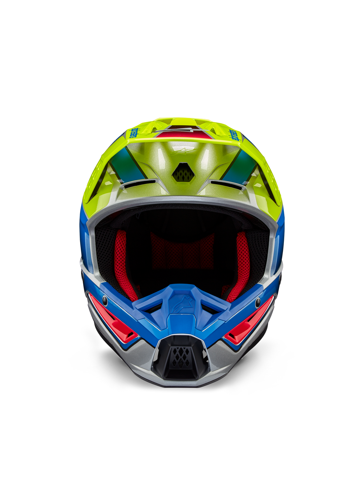 Alpinestars S-M5 Sail-hjelm ECE, motocrosshjelm, gul fluo og emaljeblå med sølvblank finish, set forfra med rød indvendig polstring og aerodynamisk visir, højtydende hovedbeskyttelse til off-road kørsel