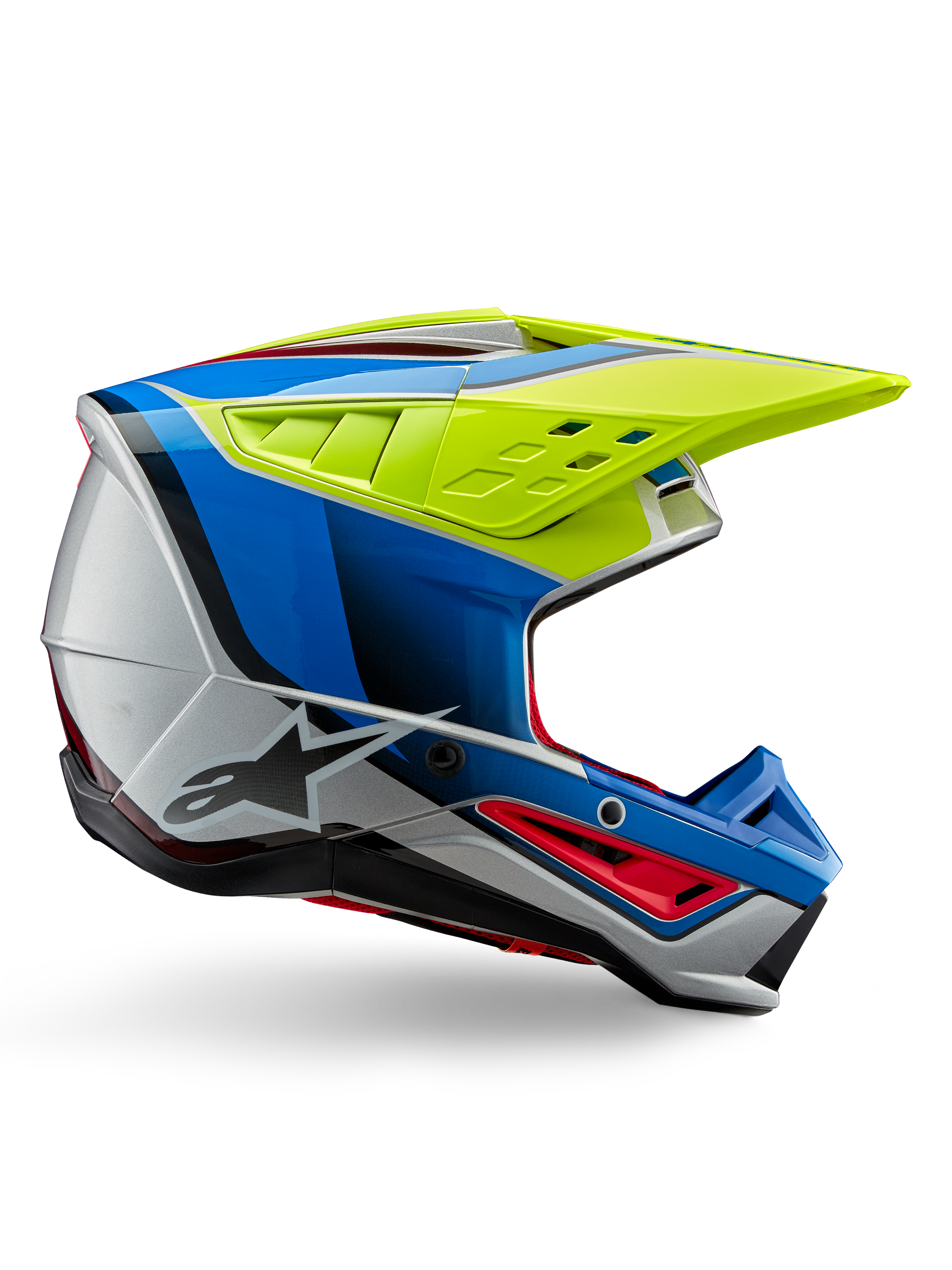 Alpinestars S-M5 Sail-hjelm ECE, motocross-hjelm, gul fluo, emaljeblå og blank sølv, sideprofil med røde detaljer og sort stjernelogo, kantet design med ventilationsåbninger, professionel beskyttelse til off-road kørsel