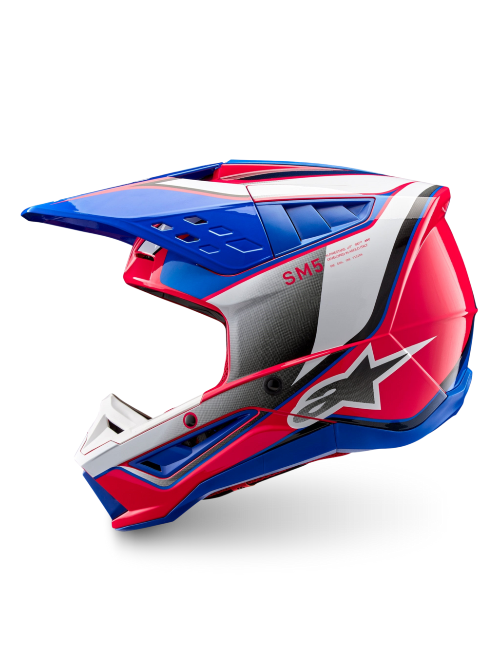 Alpinestars S-M5 Sail hjelm, off-road motocrosshjelm i blå, pink og hvid, ECE 22.06-certificeret med ventilation.