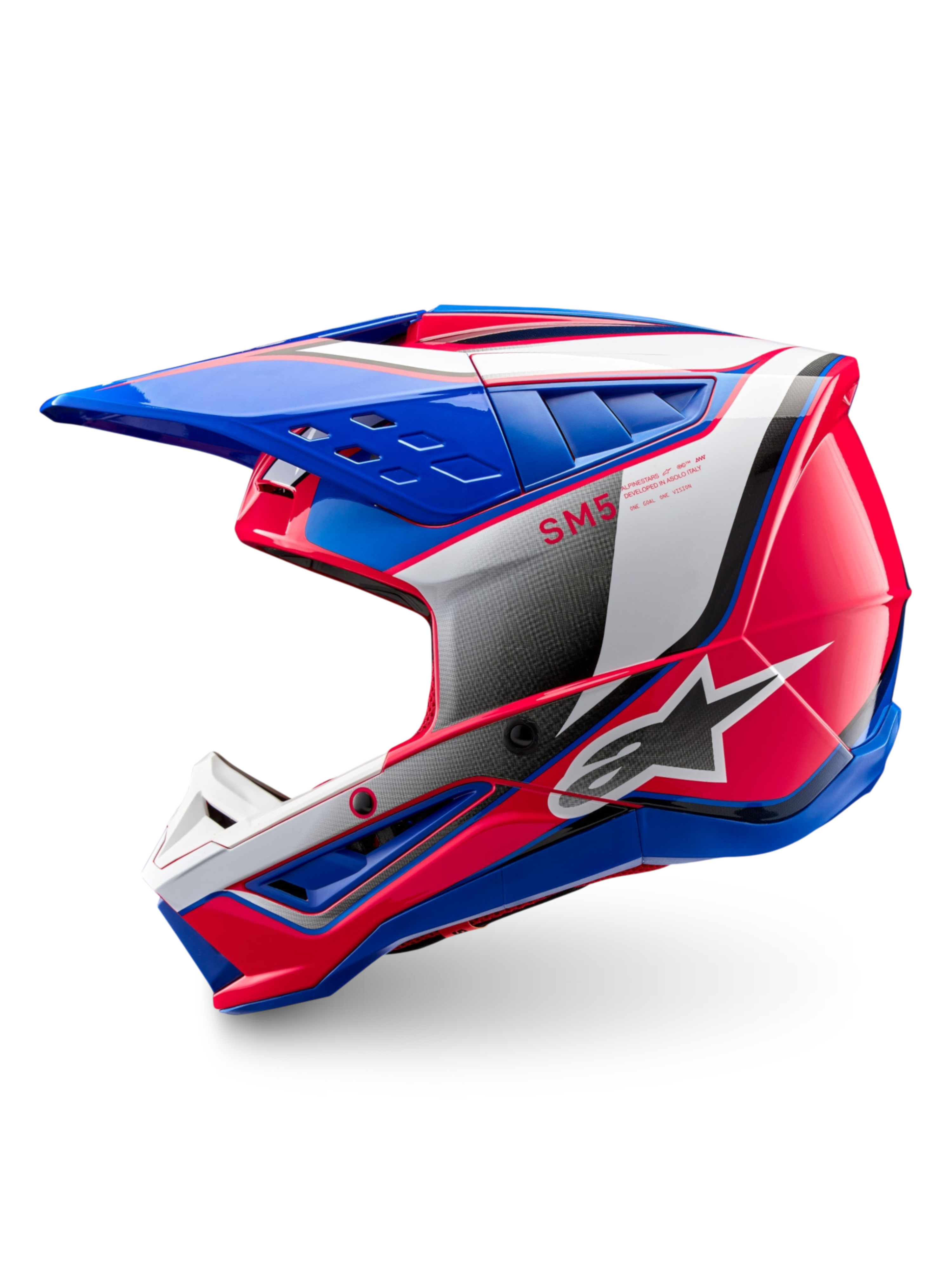 Alpinestars S-M5 Sail hjelm, off-road motocrosshjelm i blå, pink og hvid, ECE 22.06-certificeret med ventilation.