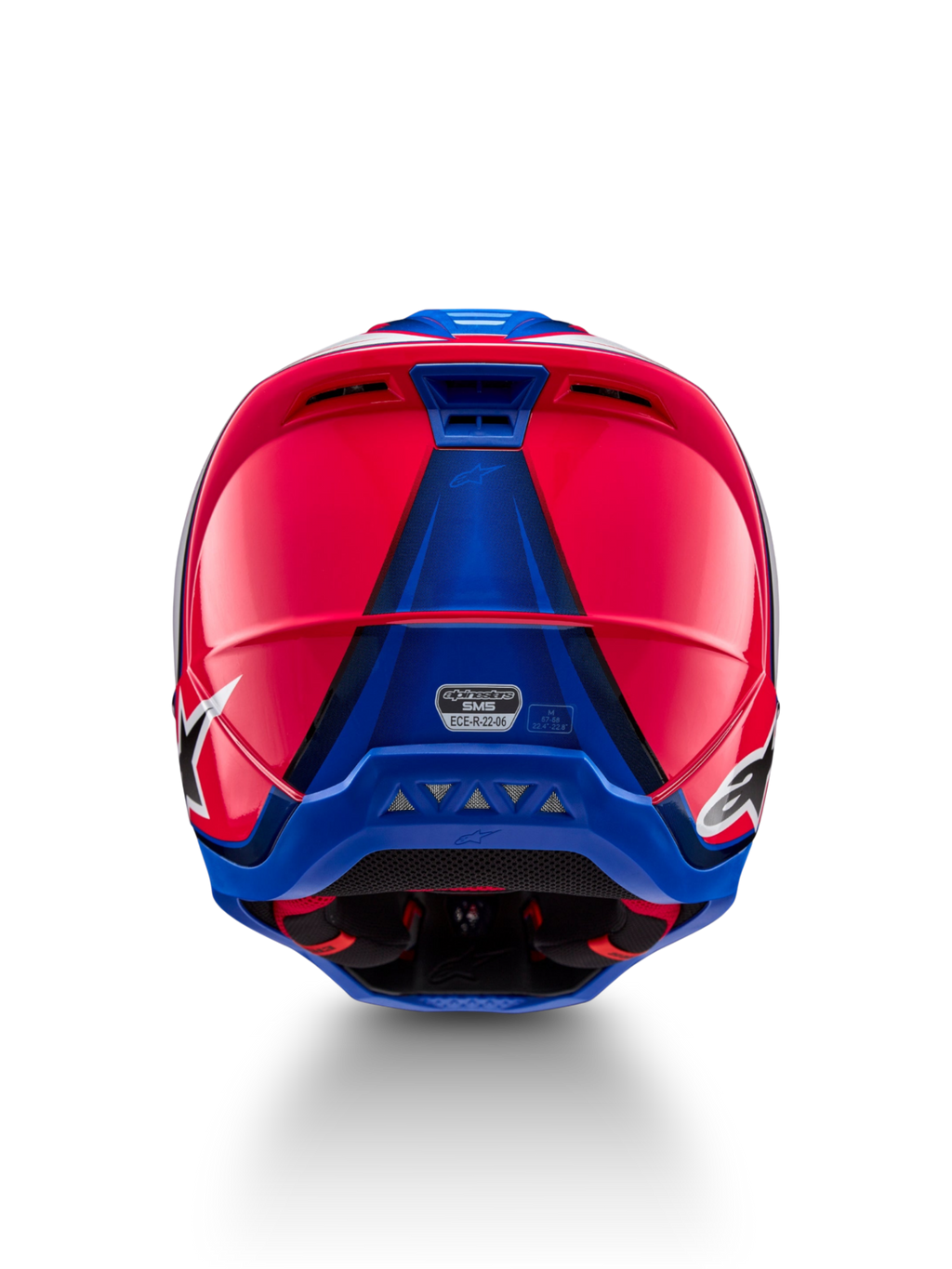 Alpinestars S-M5 Sail hjelm, motocrossracing, diva pink og emaljeblå, ECE 22.06-certificeret, set bagfra med ventilation.