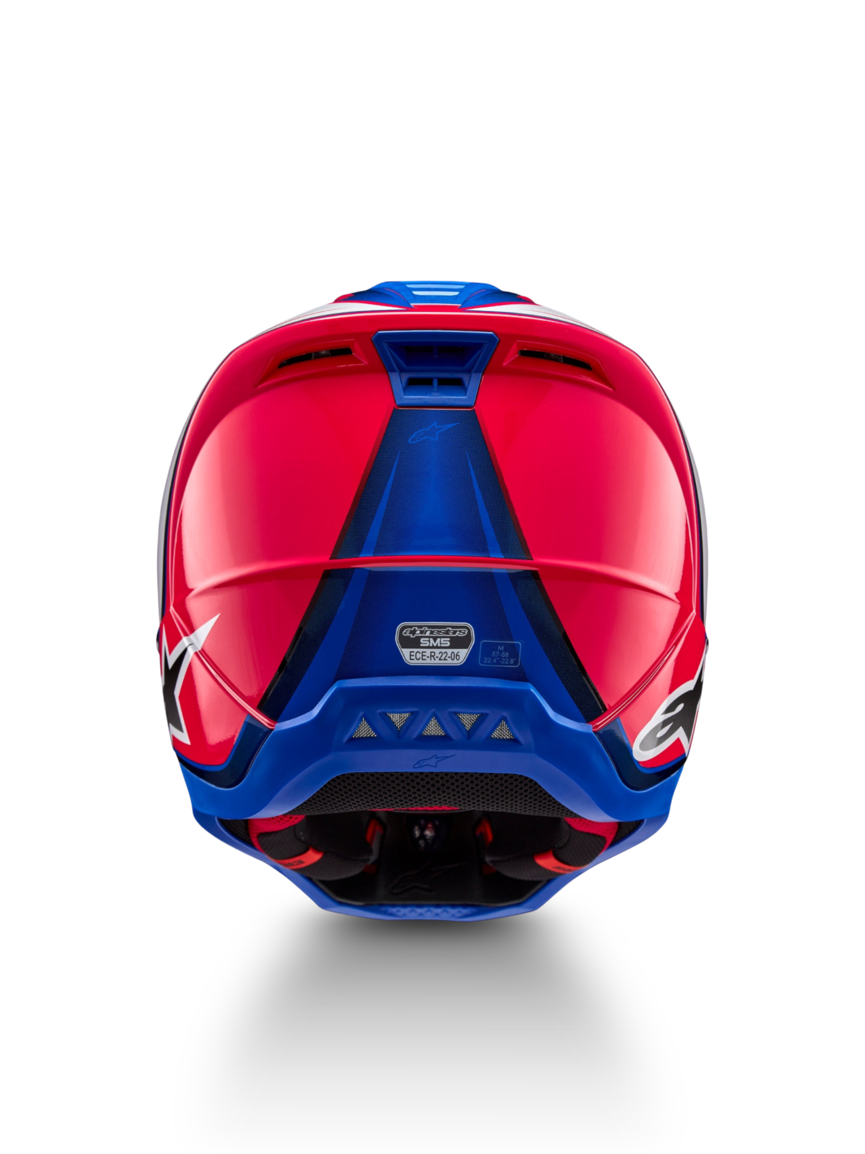 Alpinestars S-M5 Sail hjelm, motocrossracing, diva pink og emaljeblå, ECE 22.06-certificeret, set bagfra med ventilation.