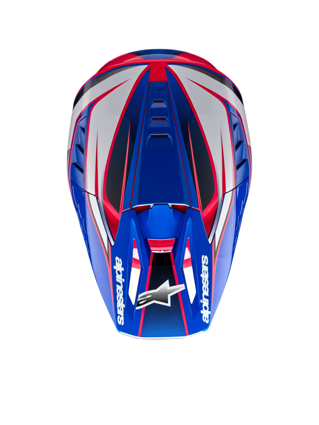 Alpinestars S-M5 Sail hjelm, motocrosshjelm i blå, hvid og pink, set fra oven med aerodynamisk skal.