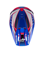 Alpinestars S-M5 Sail hjelm, motocrosshjelm i blå, hvid og pink, set fra oven med aerodynamisk skal.
