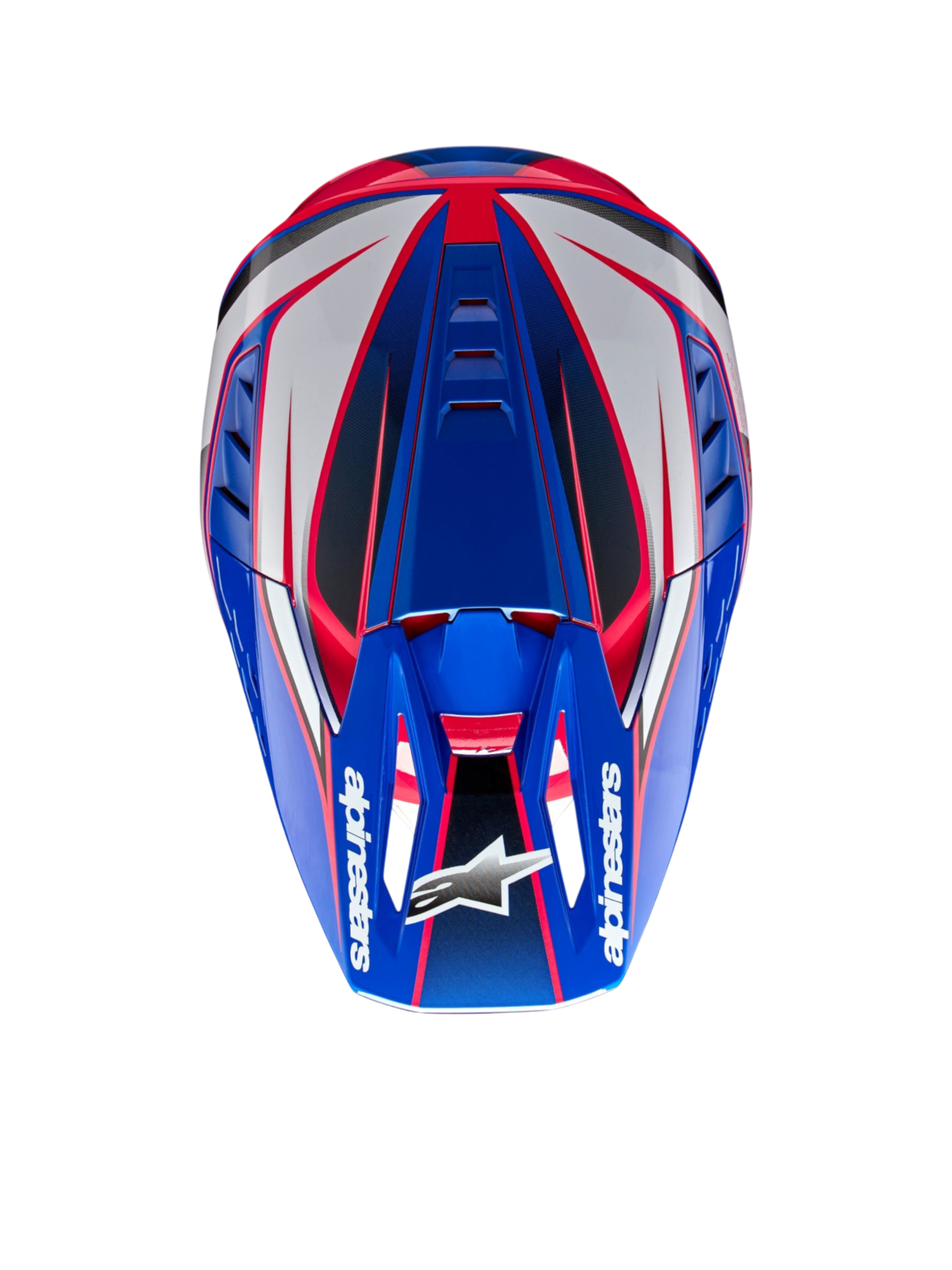 Alpinestars S-M5 Sail hjelm, motocrosshjelm i blå, hvid og pink, set fra oven med aerodynamisk skal.