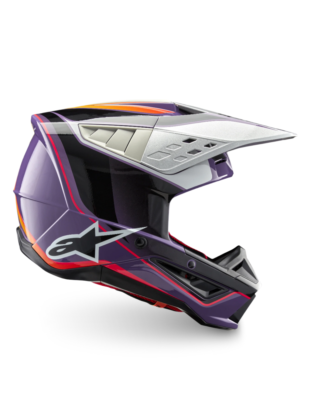 Alpinestars S-M5 Sail Helmet, ECE 22.06 certified motocross helmet in glossy violet, black, and silver for off-road racing.