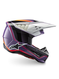 Alpinestars S-M5 Sail Helmet, ECE 22.06 certified motocross helmet in glossy violet, black, and silver for off-road racing.