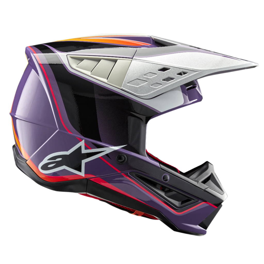 Alpinestars S-M5 Sail-hjelm ECE, motocross-hjelm, lilla, sort og sølvblank, med markant orange og rød grafik, sølvfarvet ventileret visir, aerodynamisk skal med hvidt stjernelogo, professionel off-road racingbeskyttelse
