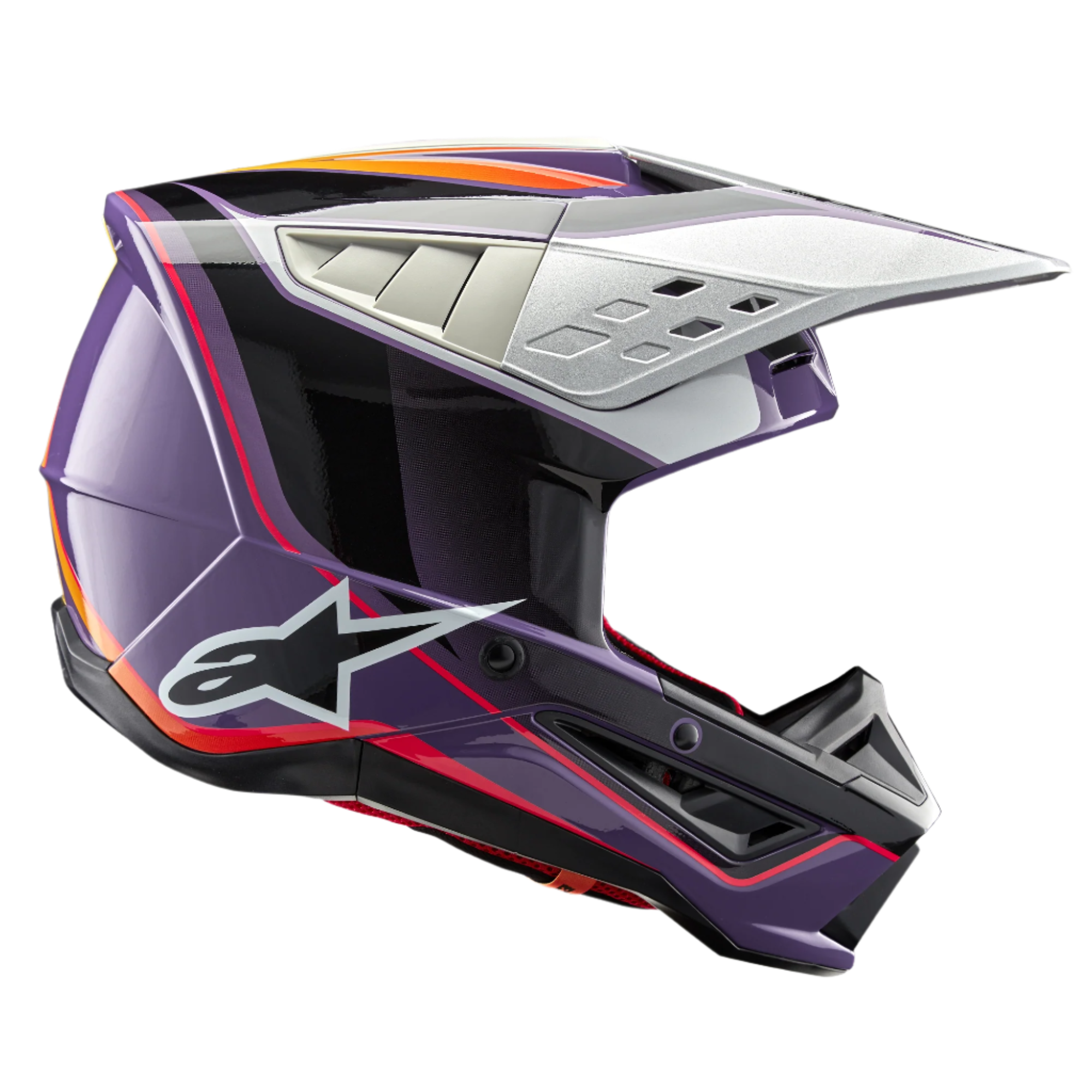 Alpinestars S-M5 Sail-hjelm ECE, motocross-hjelm, lilla, sort og sølvblank, med markant orange og rød grafik, sølvfarvet ventileret visir, aerodynamisk skal med hvidt stjernelogo, professionel off-road racingbeskyttelse