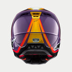 Alpinestars S-M5 Sail hjelm ECE, motocrosshjelm, violet, sort og sølv i blank finish, set bagfra med orange og gul gradient-grafik på en violet skal, hvide stjernelogoer på siderne, ventilationsåbninger og ECE-certificeringsmærkat.