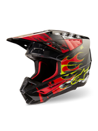 Alpinestars S-M5 Rash Helmet ECE, Motocross Helmet, Dark Gray and Bright Red Glossy, featuring yellow and red flame graphics, red interior padding, aerodynamic design with integrated visor and ventilation ports