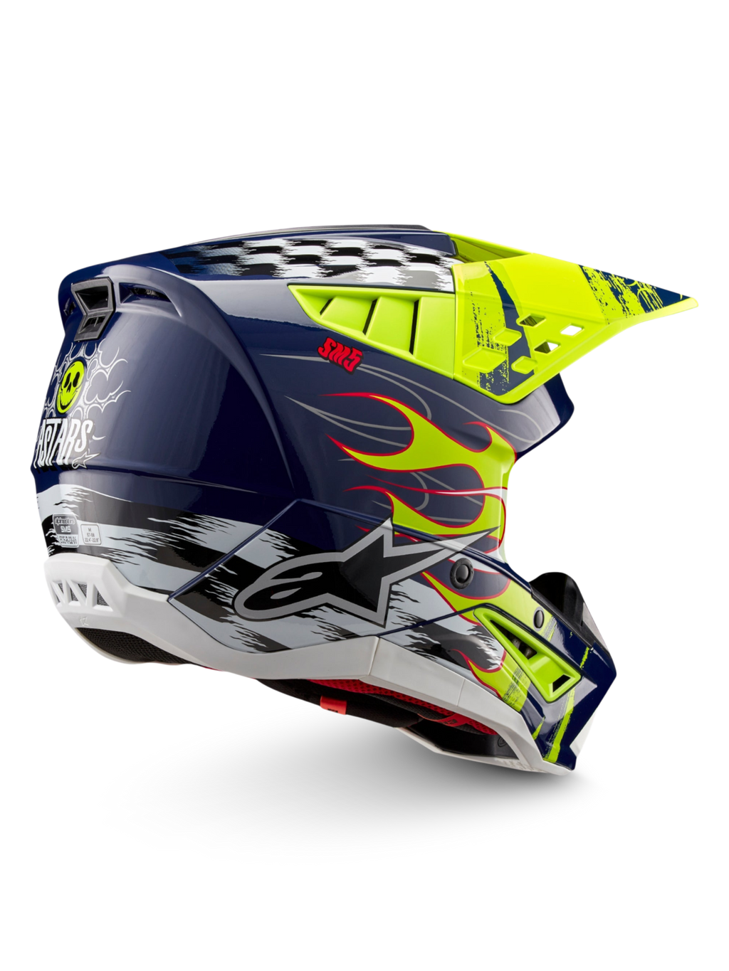 Alpinestars S-M5 Rash motocrosshjelm, off-road, blank mørkeblå og gul, ECE 22.06 certificeret beskyttelse.