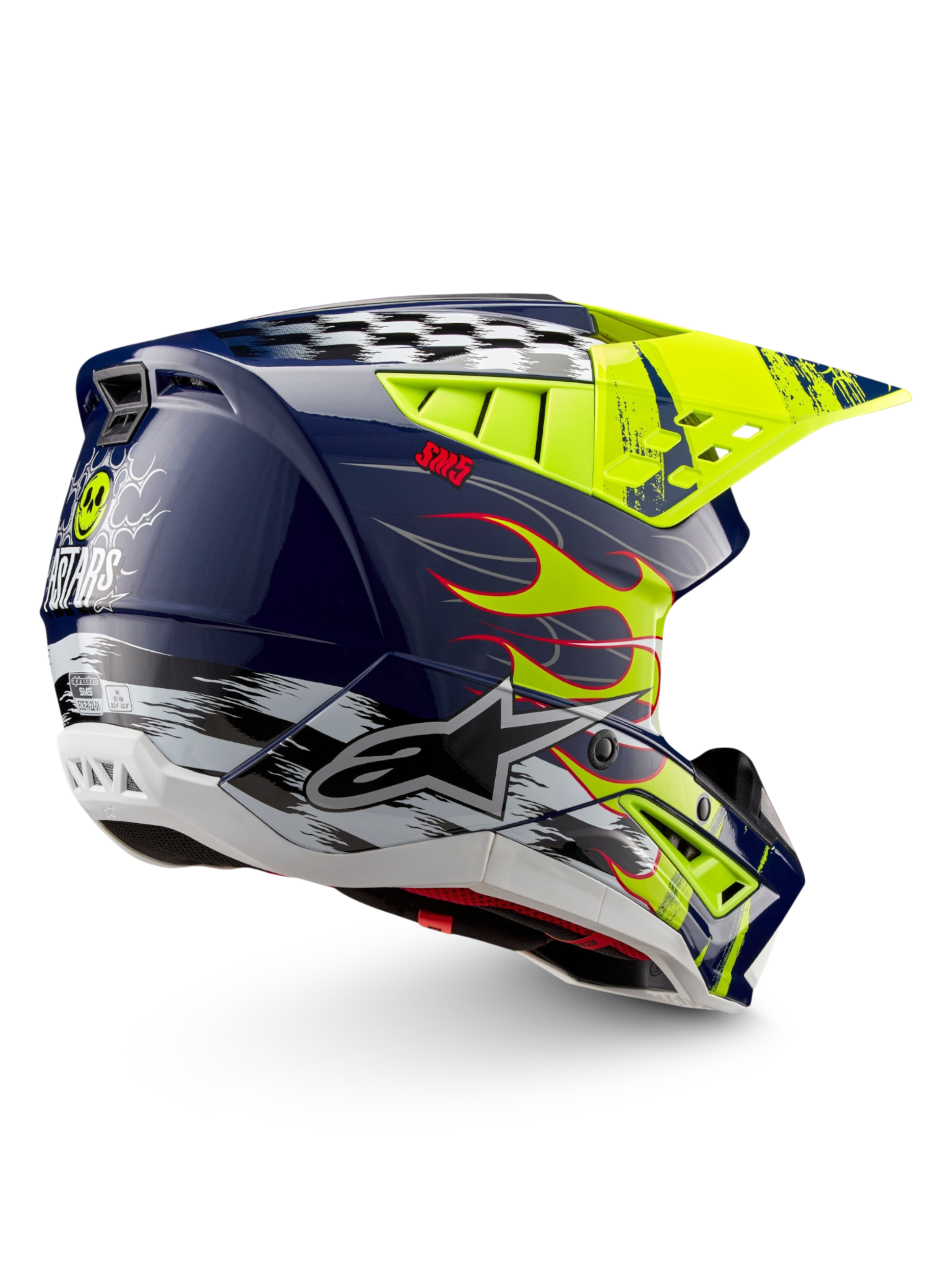 Alpinestars S-M5 Rash motocrosshjelm, off-road, blank mørkeblå og gul, ECE 22.06 certificeret beskyttelse.