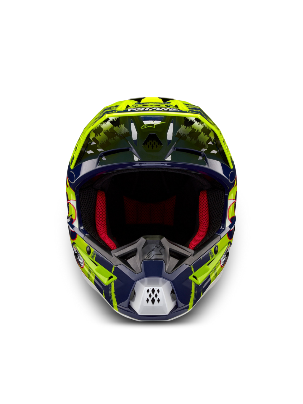Alpinestars Hjelm S-M5 Rash ECE 22.06, motocrosshjelm til terrænkørsel, gul og blå med rød polstring, set forfra.
