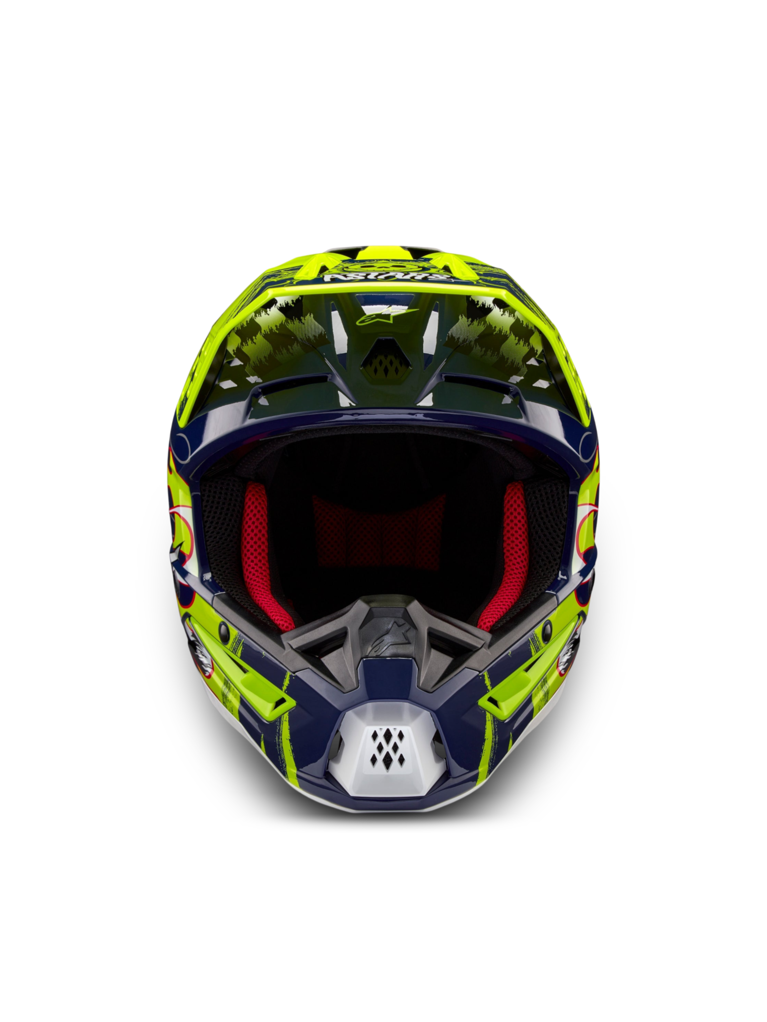 Alpinestars Hjelm S-M5 Rash ECE 22.06, motocrosshjelm til terrænkørsel, gul og blå med rød polstring, set forfra.