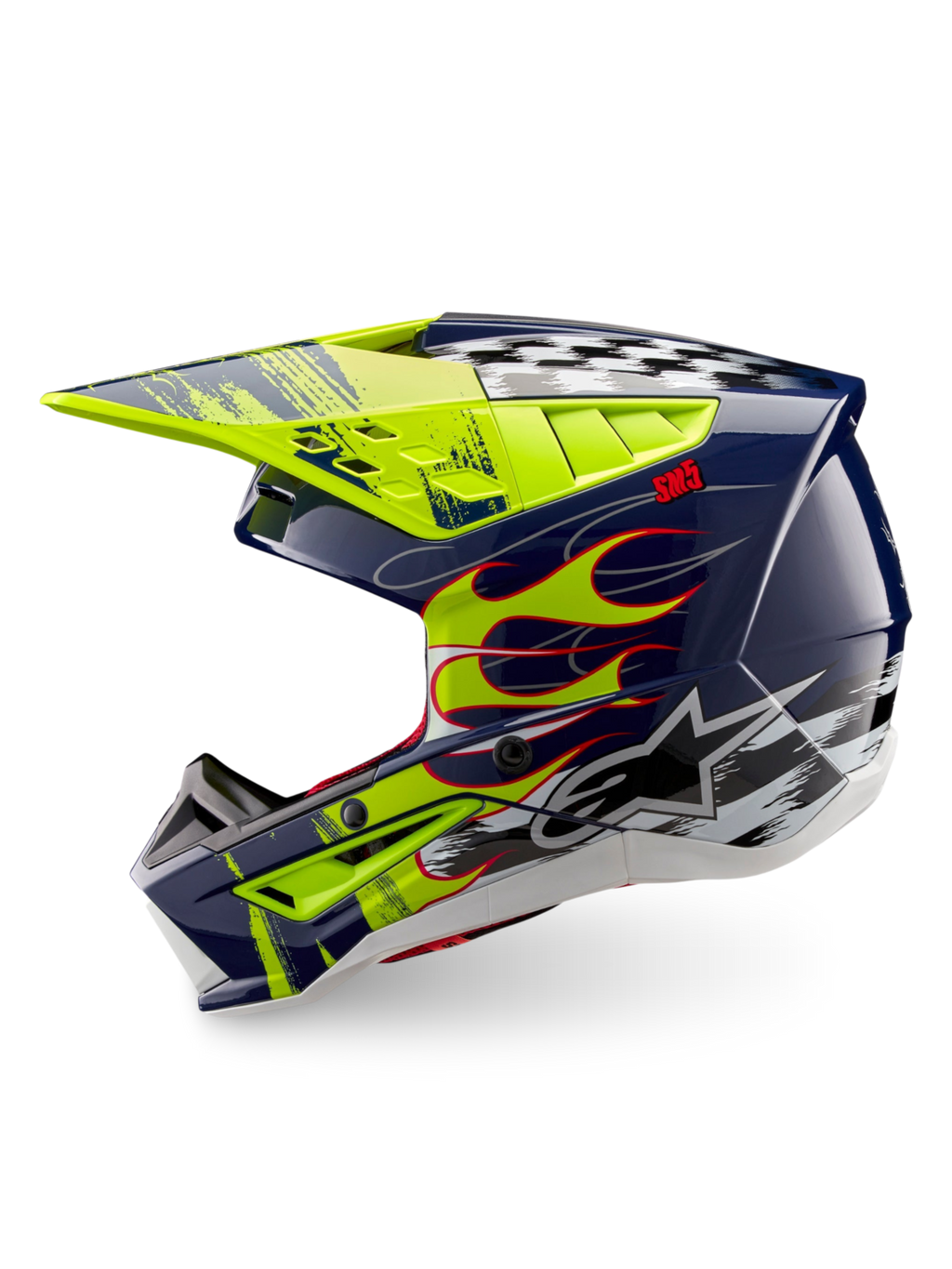 Alpinestars S-M5 Rash motocrosshjelm, mørkeblå og selvlysende gul med flamme- og skakternet grafik, ECE 22.06 certificeret