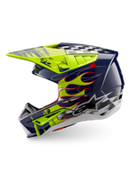 Alpinestars S-M5 Rash motocrosshjelm, mørkeblå og selvlysende gul med flamme- og skakternet grafik, ECE 22.06 certificeret