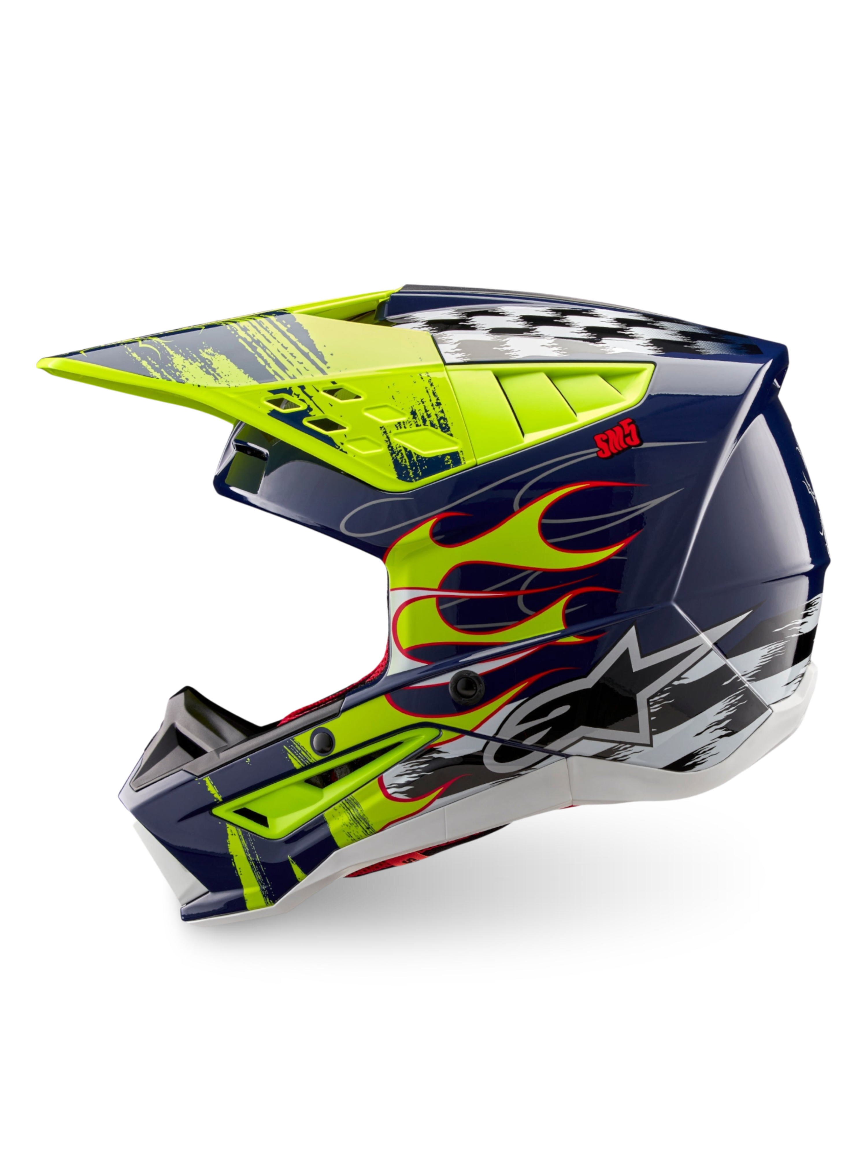 Alpinestars S-M5 Rash motocrosshjelm, mørkeblå og selvlysende gul med flamme- og skakternet grafik, ECE 22.06 certificeret