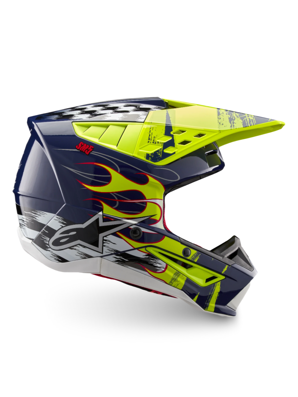 Alpinestars Hjelm S-M5 Rash ECE 22.06, off-road motocrosshjelm i mørkeblå og gul fluo med flammegrafik og logo.