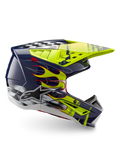 Alpinestars Hjelm S-M5 Rash ECE 22.06, off-road motocrosshjelm i mørkeblå og gul fluo med flammegrafik og logo.