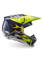 Alpinestars Hjelm S-M5 Rash ECE 22.06, off-road motocrosshjelm i mørkeblå og gul fluo med flammegrafik og logo.