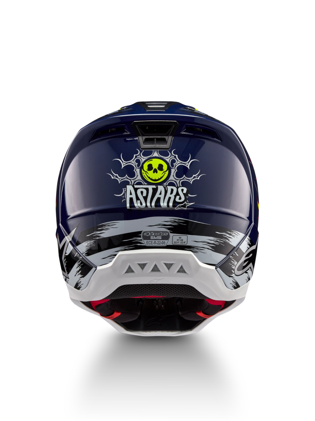 Alpinestars S-M5 Rash hjelm, off-road motorcykelhjelm i mørkeblå og fluoriserende gul, kraniegrafik bagpå, ECE 22.06-certificeret.