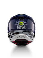 Alpinestars S-M5 Rash hjelm, off-road motorcykelhjelm i mørkeblå og fluoriserende gul, kraniegrafik bagpå, ECE 22.06-certificeret.