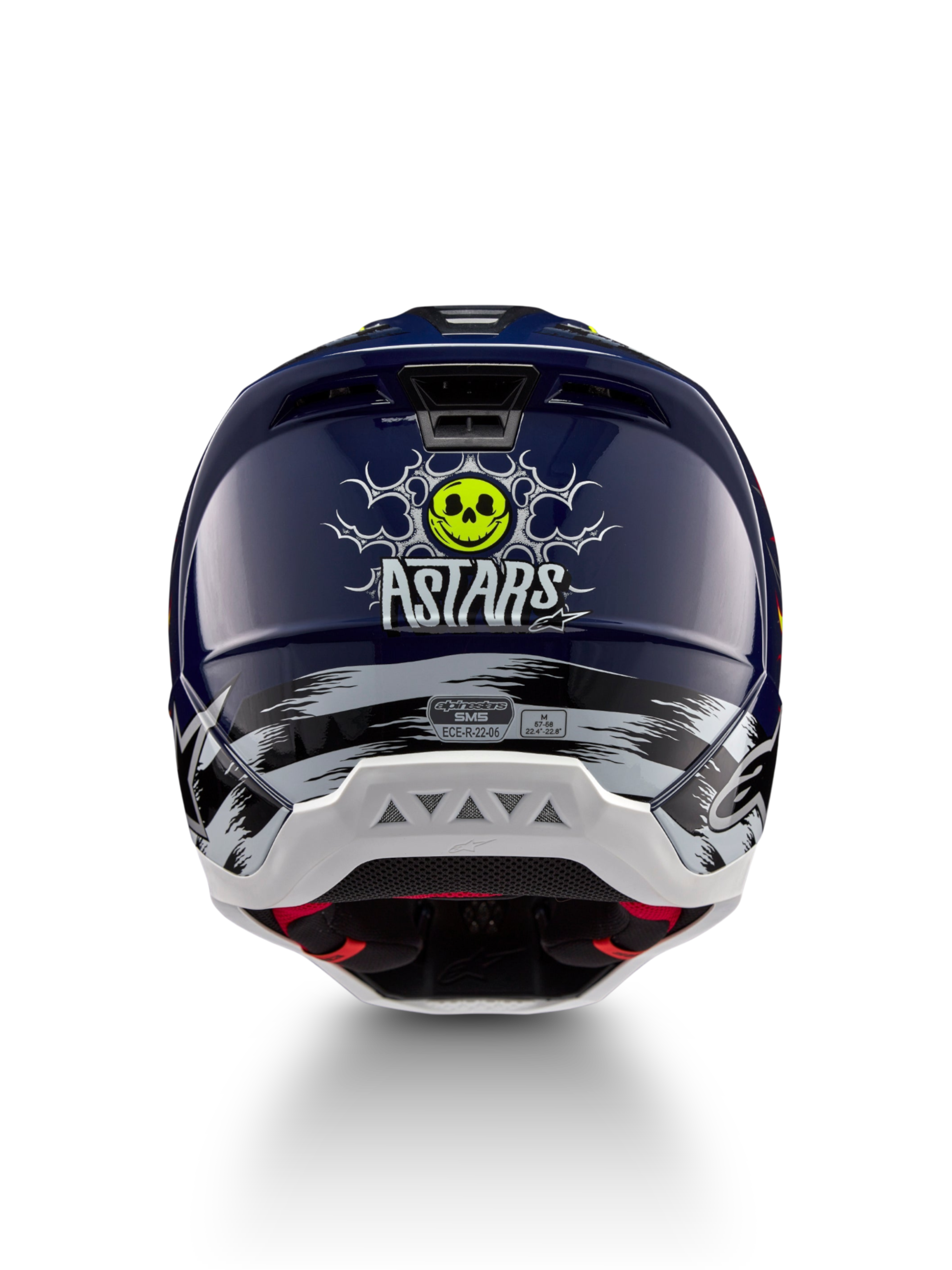 Alpinestars S-M5 Rash hjelm, off-road motorcykelhjelm i mørkeblå og fluoriserende gul, kraniegrafik bagpå, ECE 22.06-certificeret.